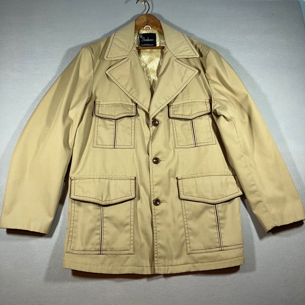 Vtg 70's Shanhouse Mens Khaki Tan Safari Field Jacket Bellows Pockets Sz 42 USA